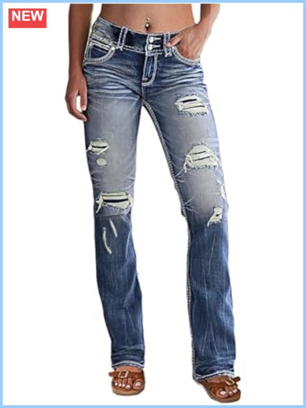 Womens Distressed Bootcut Low Rise Jeans Ripped Flare Stretch Cotton Blend